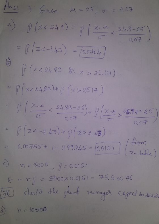 Ansi ) Given M =25, o = 0.07 a ) P (x<24.9) pl XoM 24.9-25 0.07 P/2c-1.43) = 26.0764 P(x<24,83 % x 25.12) + p (x>25.17) PX224