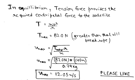 In equillibrium, Tension required centripetal force force provides the to the satellite T Trax = 82.00 (greater than that wil