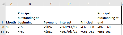 F Principal outstanding at 1 Month beginning =F59 61 60 =F60 Principal outstanding at Payment Interest Principal end =$H$2 =B
