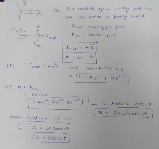 (a) In a coordinate system rotating with the wire, the motion is burely radial Frant Tentrifugal force & Fant. For cosolis fo