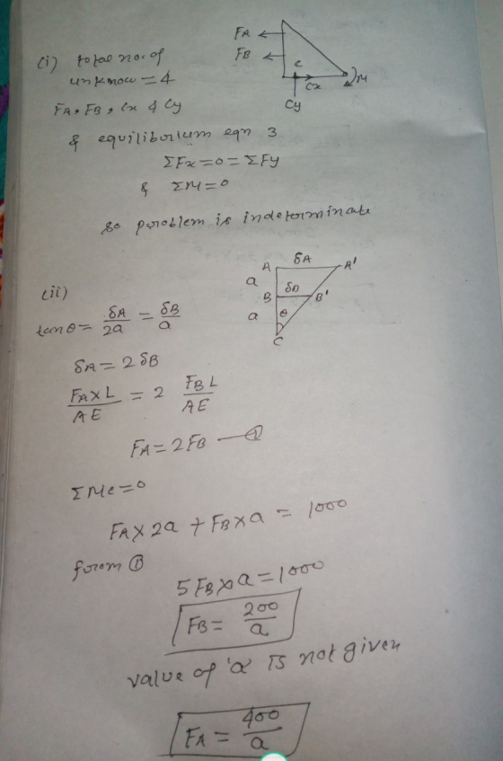ca cy FAL (i) to fal nor of FB unknow = 4 FA, FB, (x & Cy & equilibrium ean 3 EFX = = EFY & E =0 so problem is indeterminate