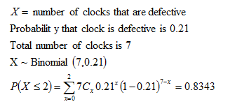 X = number of clocks that are defective Probability that clock is defective is 0.21 Total number of clocks is 7 X - Binomial
