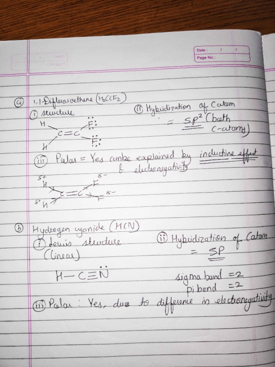 1 Date : Page No.: @ 1,1 Difluci vethene (HCCF2 6 stucture - ③ Hybridization of Catom HF; - sp² bath = C-atomy) in Palus = Ye