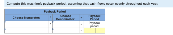 Compute this machines payback period, assuming that cash flows occur evenly throughout each year. Payback Period Choose Deno