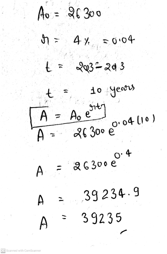 Ao = 26300 งา - 4 y 50104 t 203-2013 t 10 years A esit o e 26300 0.04 110) A 0.4 26300 e a A 39234.9 A 39235 CS Scanned with