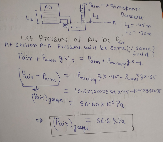 56.60 x 103, Air Palm Atmospheric Pressure L2 -A L = .45m L2= 35m Let Pressine of Air be pair At Section A-A Pressure will be