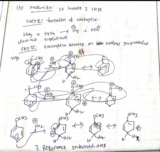(b) Mechanish: It involves 3 steps Step I: fornation of electrophile Habz + H2 Soy a Nog + HS09 Nitric acid sulphuric acid St