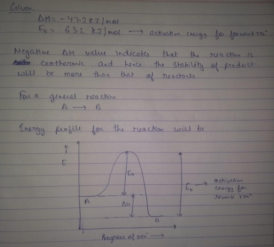 Criven, DH= -47.2kJ/mol. Ea = 63.2 Kol mol - activation energy for forward ron L Negative DH value os exothermic and will be