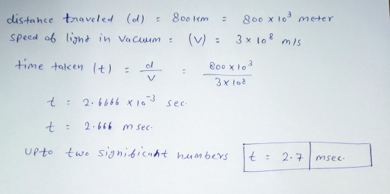 800 km 3 - 800 x 10 meter distance traveled (d) speed of light in Vacuum : (V) = 3 x 108 mis time taken It) d 3 800 x 10 3 x