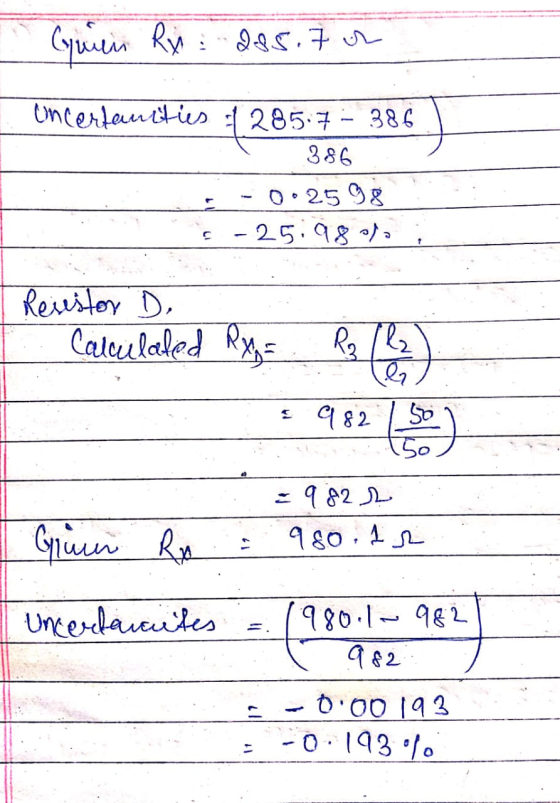 Green Rii: 285.7 Uncertanities 285.7 - 386 386 0.25 98 -25.98 ) Resistor De Calculated Rx = R₂ Helena E9182 50 so : 982 980 1