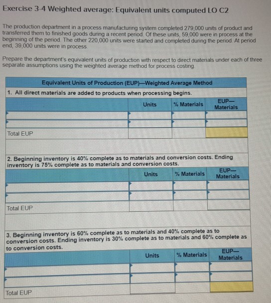 Exercise 3-4 Weighted average: Equivalent units computed LO C2 The production department in a process manufacturing system co