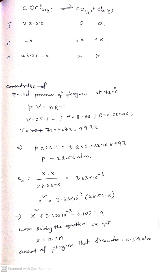 Cocaut cly (g) cocleg) 28. 56 O I fx - x C E 28.56 - X X concentration of partial pressure of phosphere at 7200 ÞV=nRT V=25.1