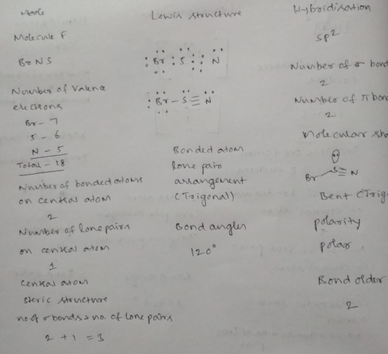 Hybridisation Lewis structure Molecule F sp2 BONS Number of a bond Br-s=N Number of Tbong November of Valence elections Br- 7