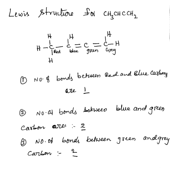 Lewis structure for CH₂ CH C CH₂ H H H H- TRed blue green Grey Red and blue carben o No.f bonds between are I ® No of bonds b