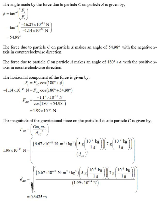 The angle made by the force due to particle C on particle A is given by, = tan an 11-16.27x10-15N) -1.14x10-14 N) = 54.98° Th