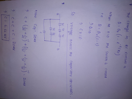 RC circuit is The charge in Q = Qo (1. et/Rc) When at t=0 the switch is closed Q=Q. (1-1) - Q =0 - CVEO so voltage across the
