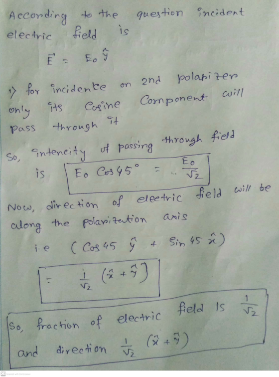 According to the question incident electric field is ☺ on È = Eo 2nd 7 for incidente polapizen will only its Component Cosine