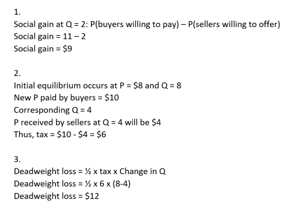 Social gain at Q = 2: P(buyers willing to pay) - P(sellers willing to offer) Social gain = 11 – 2 Social gain = $9 Initial eq