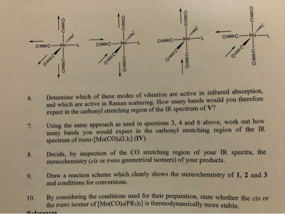 EO o=0 -Mo OC-Mo- C- -MOL -Mo DO -O= -OEO 0 Determine which of these modes of vibration are active in infrared absorption, an