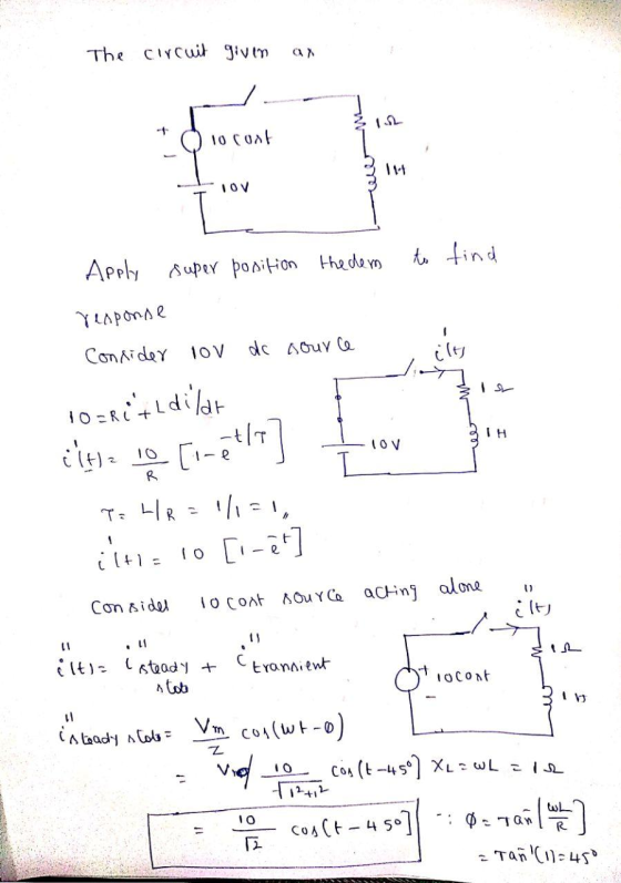 The circuit given lo cost 14 10V to find Apply super position the dem response Consider 10V de source ilts 10=Riti dilat TH 1