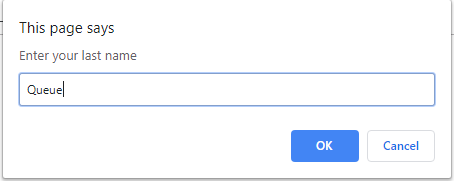 This page says Enter your last name Queue OK Cancel
