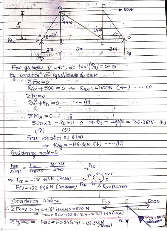 G7 500N L 59.03 3m 5903 452 elle Razi 10=45 3m 5m 3m RO hay From geometty @*=45°, da tan (73) = 5903 By condition of equilib