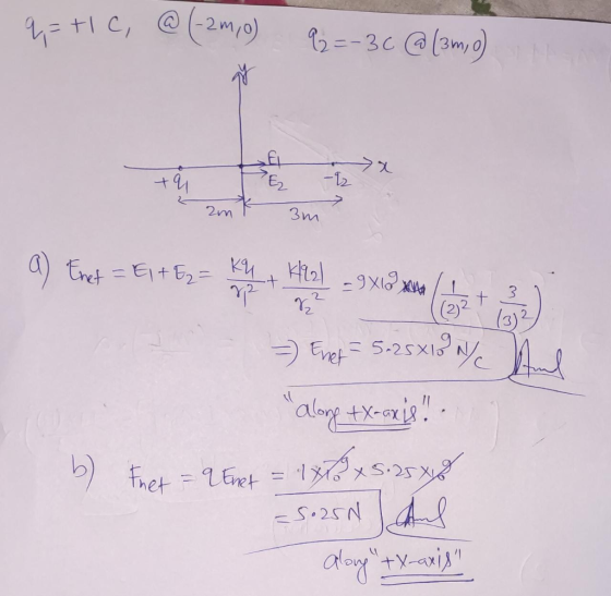 q=+1C, @ (-2m, o) 9=-30 @ 3m, 9) +4 Er -12 2m 3m + N/ a) Enet = E14 E2= K + K221 = 9 X 10 and 22 (2) = Enet = 5.25x19 alwe to