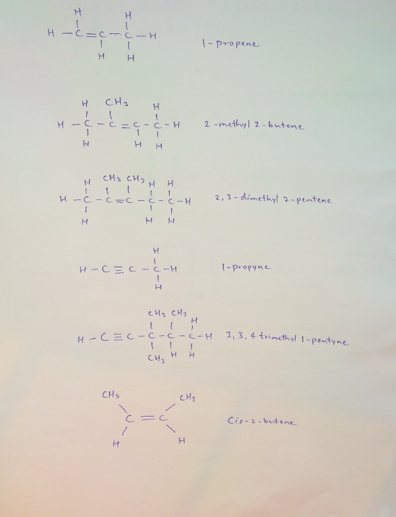 H-C=c-c-H то I— 0 — T-propene н н H CH3 I-U- т - 0 - -H 2-methyl zobutene н н н нсиз сиз H -c-c=c-c-6-H І — 0 — т 2,3-dimethy