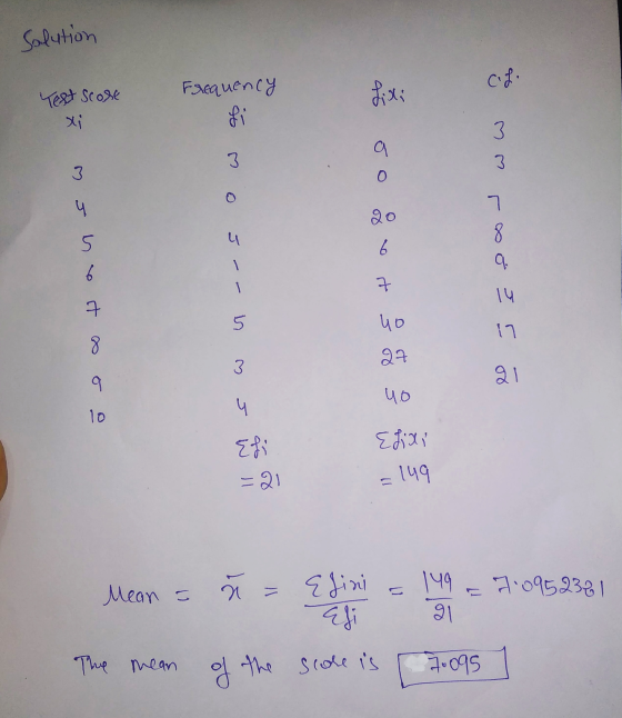 Solution C.L. Frequency fi Text Score li Lixi q 3 3 0 4 6 5 6 lo sé ? ou ww 7 I - - in m 7 40 8 27 9 40 4 10 {fi Elixi 149 Me