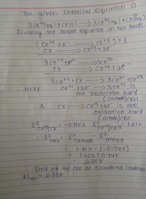 31 The given chemical equation is 3 Ceutraq) +68(S) 3 cestcaq) + c d baq Dividing the above equation in two haits ( ce+4 + -