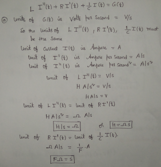 It) + RI(t) + LI (t) = G(+) @ units of Git) us volts per second = V/s So the units of LI (t) ,R I(t), Į I (t) must be the