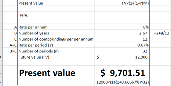 Present value FVx(1=(1+r)^n) Here, =2+8/12 A Rate per annum B Number of years C Number of compoundings per per annum A:C Rate