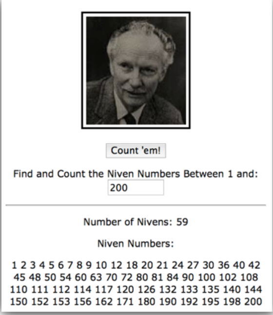 Count em! Find and Count the Niven Numbers Between 1 and: 200 Number of Nivens: 59 Niven Numbers: 1 23456789 10 12 18 20 21 24 27 30 36 40 42 45 48 50 54 60 63 70 72 80 81 84 90 100 102 108 150 152 153 156 162 171 180 190 192 195 198 200