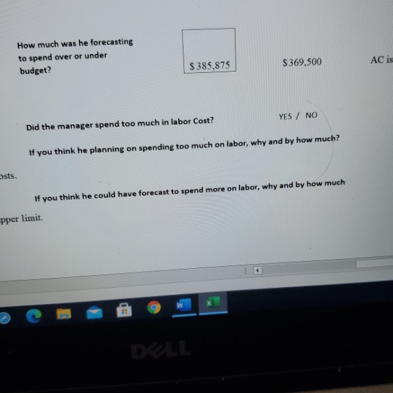 How much was he forecasting to spend over or under budget? $385,875 $369.500 AC is YES / NO Did the manager spend too much in