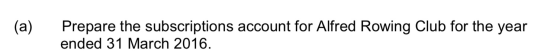 (a) Prepare the subscriptions account for Alfred Rowing Club for the year ended 31 March 2016.