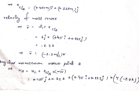 Co-y50m 225mj clA f mass cente8 clA 6 Co45to225 -2. k about point A mo mentom (a 35o. 72 k +(0.45 40.225 На -2.9k))