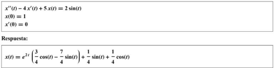 x(t)- 4x(1) + 5.x(t) = 2 sin(t) x(0) = 1 x(0) = 0 Respuesta: 1 X(t) = 21 · (costo – sino) + sin(t) + - cos(1) 4