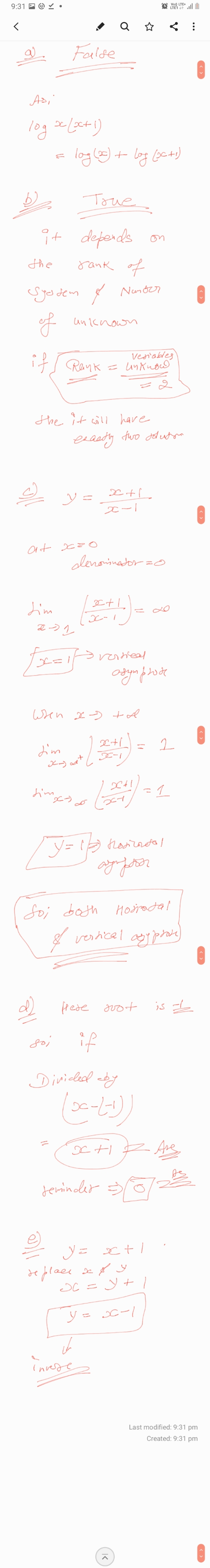 Vo1) LTE 9:31 Pv < False As, log sclect 1) • log (20) + log (act) b) True it depends rank of Syodem & the Nanoor of unknown i