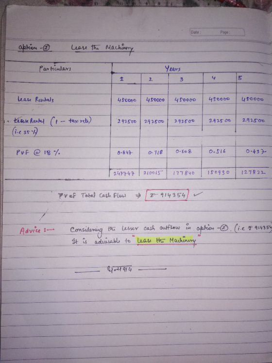 Date: Page aption - Lease the Machinery Particulars Years lease Rentals 450000 45000 45000 450000 1 450000 - tax rate) 242550