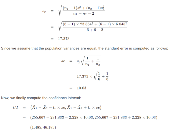 (nı – 1)si + (n2 – 1)s ni + n2 – 2 (6 – 1) 23.8642 + (6 – 1) x 5.8452 6 + 6 – 2 17.373 Since we assume that the population va