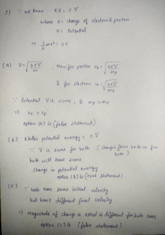 1) u we know KE= e.V. where e= charge of electron & proton. - Potential - Imu?= ev (a) v aev , Now for proton Up = 2ev m у We