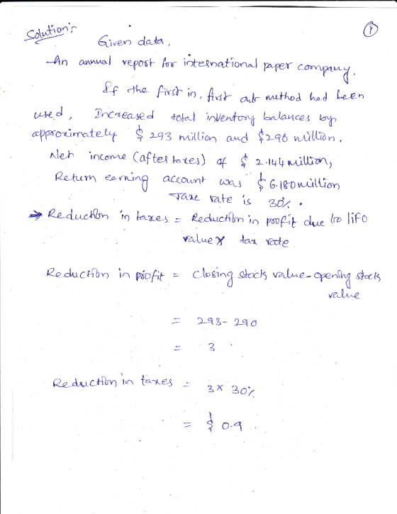 solutions Given data, An annual report for international paper company, . If the first in, first outs method had been used, I