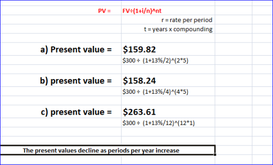 PV = FV:(1+i/n)^nt r=rate per period t= years x compounding a) Present value = $159.82 $300 + (1+13%/2)^(2*5) b) present valu