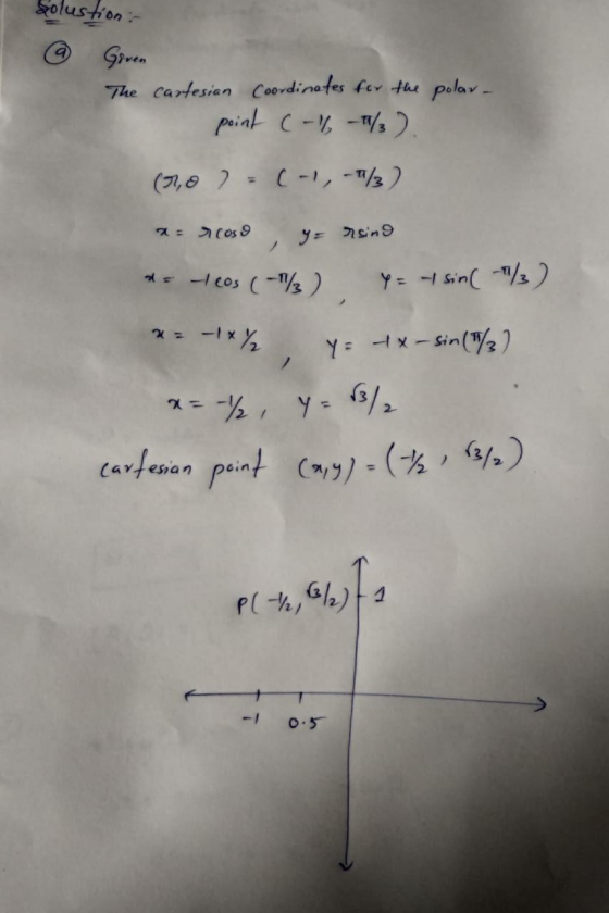 Solustion @ Given The cartesian Coordinates for the polar- peint (-/-/ ) (7,0) = (-1, -1/3) 2 = cos 9 Y = rsing * -cos (-1/3)