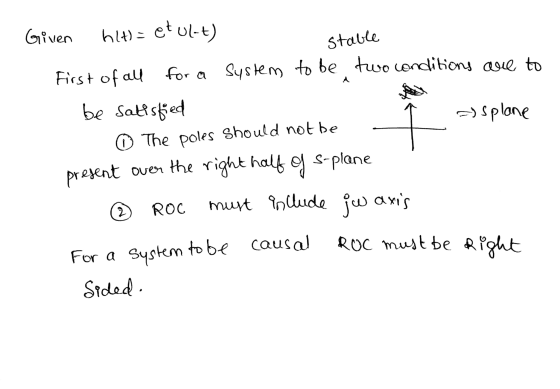 Given h(t) = et ul-t) stable First of all for a system to be two conditions are to be satisfied =) splane 0 The poles should