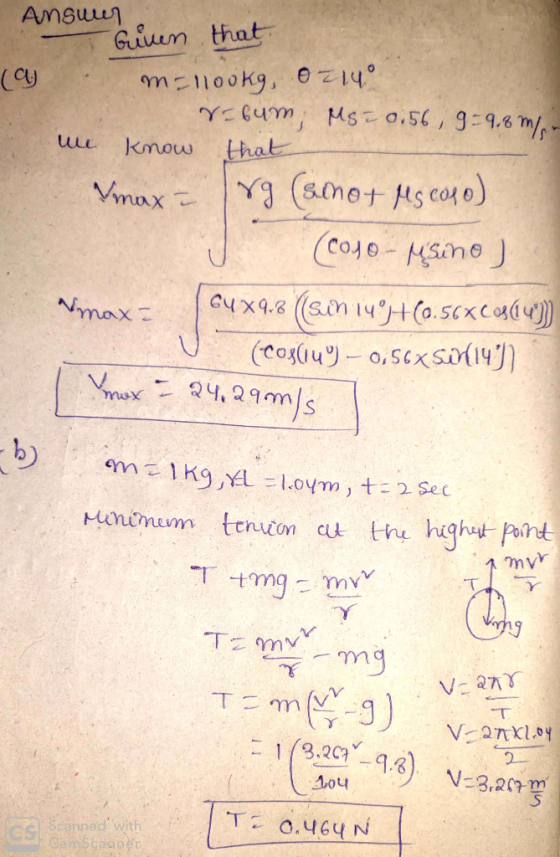 ( a Ansuur Given that mailookg, 0714° recum Ms=0.56, 9 = 9.8 m/ we know that Vmax = rg (somot Ms colo) (coso - sino) max = cu