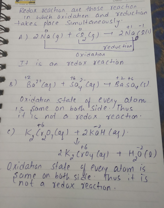 el Redox reaction are those reaction. in which oxidation and reduction takes place simultaneously. - A) 2 Na (9) t co.(a) - 2
