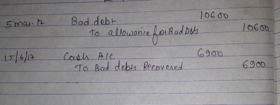 5 mai.lt 10600 Bad debt 10600 To allowance fon Bad Dos Cash Alc 6900 To Bad debts Recovered 6900