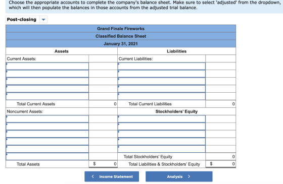 Choose the appropriate accounts to complete the companys balance sheet. Make sure to select adjusted from the dropdown, wh