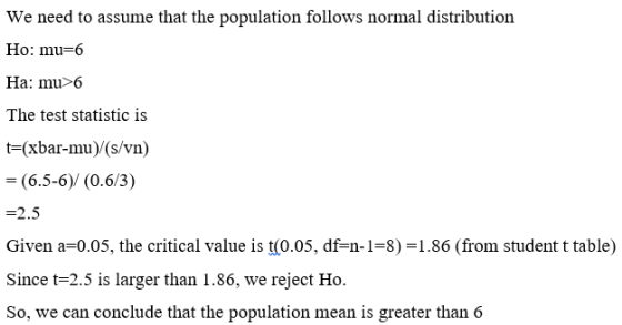 We need to assume that the population follows normal distribution Ho: mu=6 Ha: mu>6 The test statistic is t=(xbar-mu)/(s/vn)